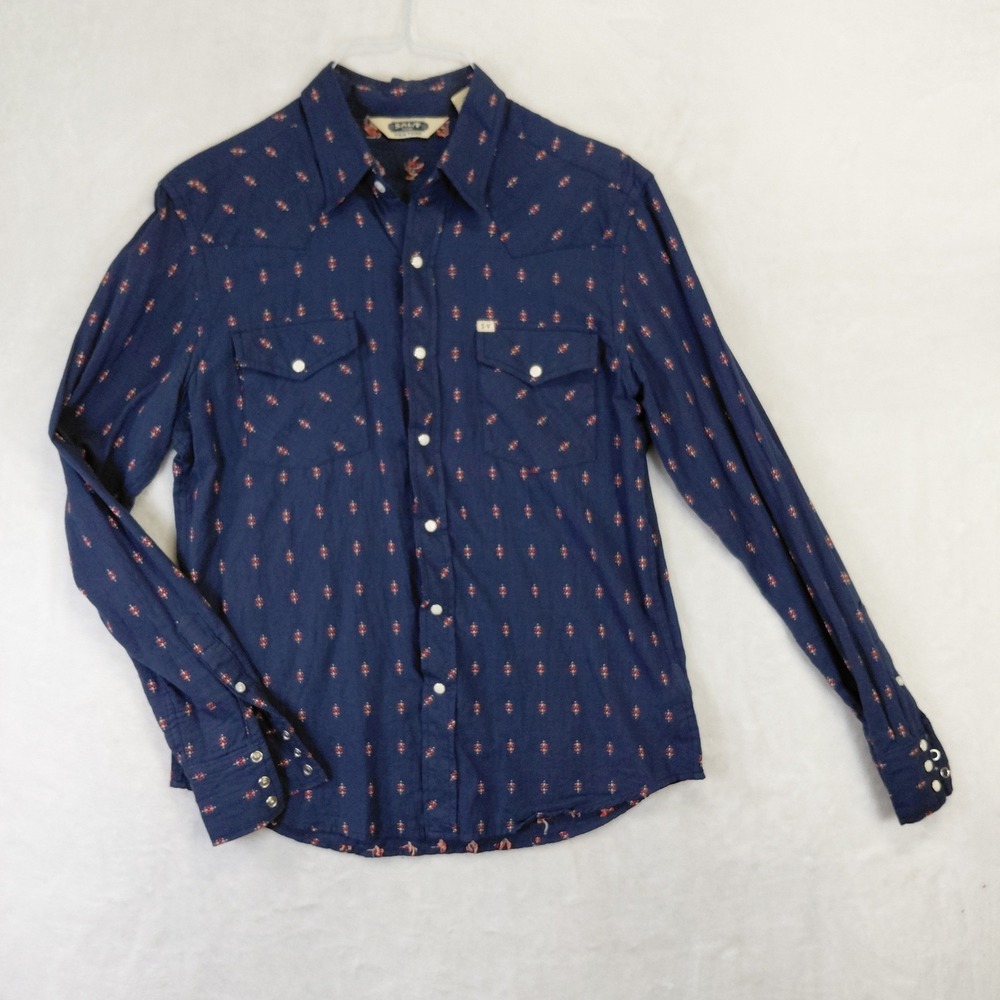 Salt Valley Western Mens Navy Blue Geometric Pearl Snap Long Sleeve Shirt Medium